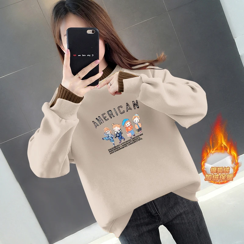 2025新款半高领卫衣女秋冬加绒加厚宽松保暖时尚假两件加绒女上衣