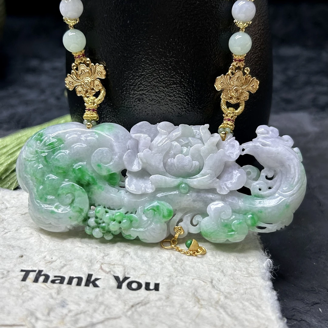 天然缅甸翡翠A货 雕刻凤穿牡丹 春彩吊坠挂件锁牌