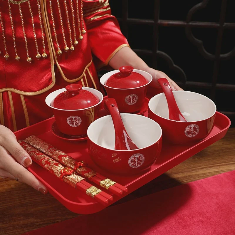 喜碗敬茶杯结婚对碗婚礼红色改口敬酒杯一对陪嫁碗筷杯子茶具套装