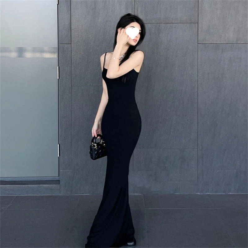 气质显瘦时尚无袖小众夏季吊带裙女装黑色纯色连衣裙收腰长裙长款