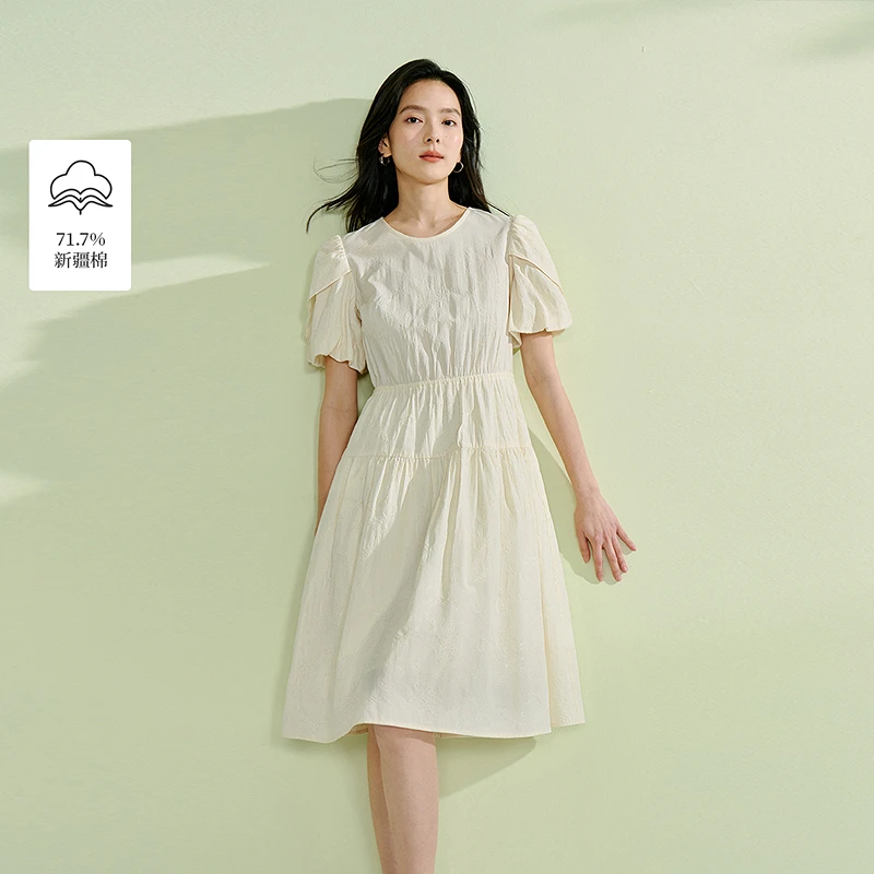 【一秒入夏】茵曼夏季法式花苞袖提花连衣裙圆领收腰显瘦中长裙
