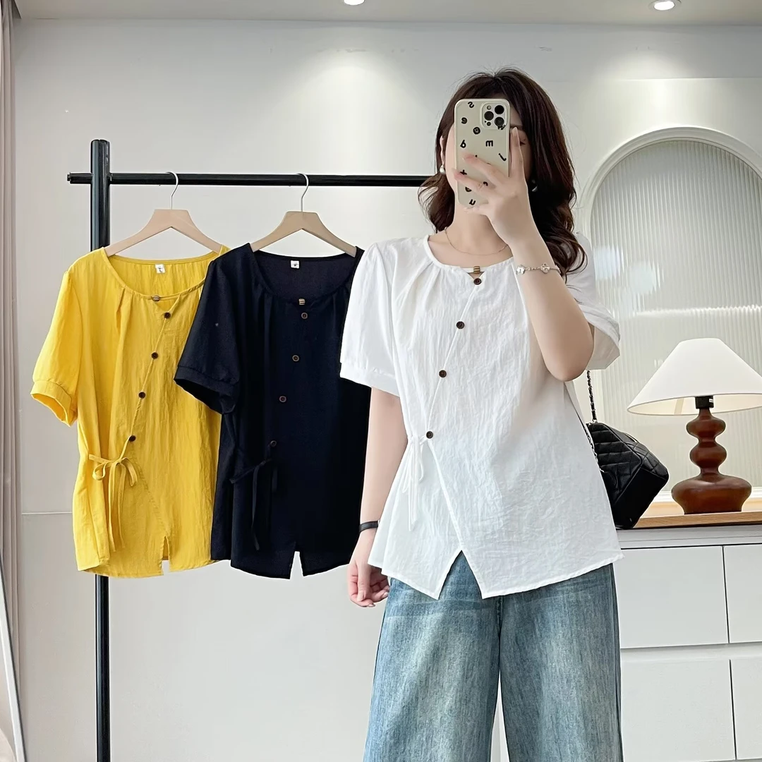 大码胖mm设计感减龄不规则显瘦圆领衬衫女夏季新款遮肚气质小衫