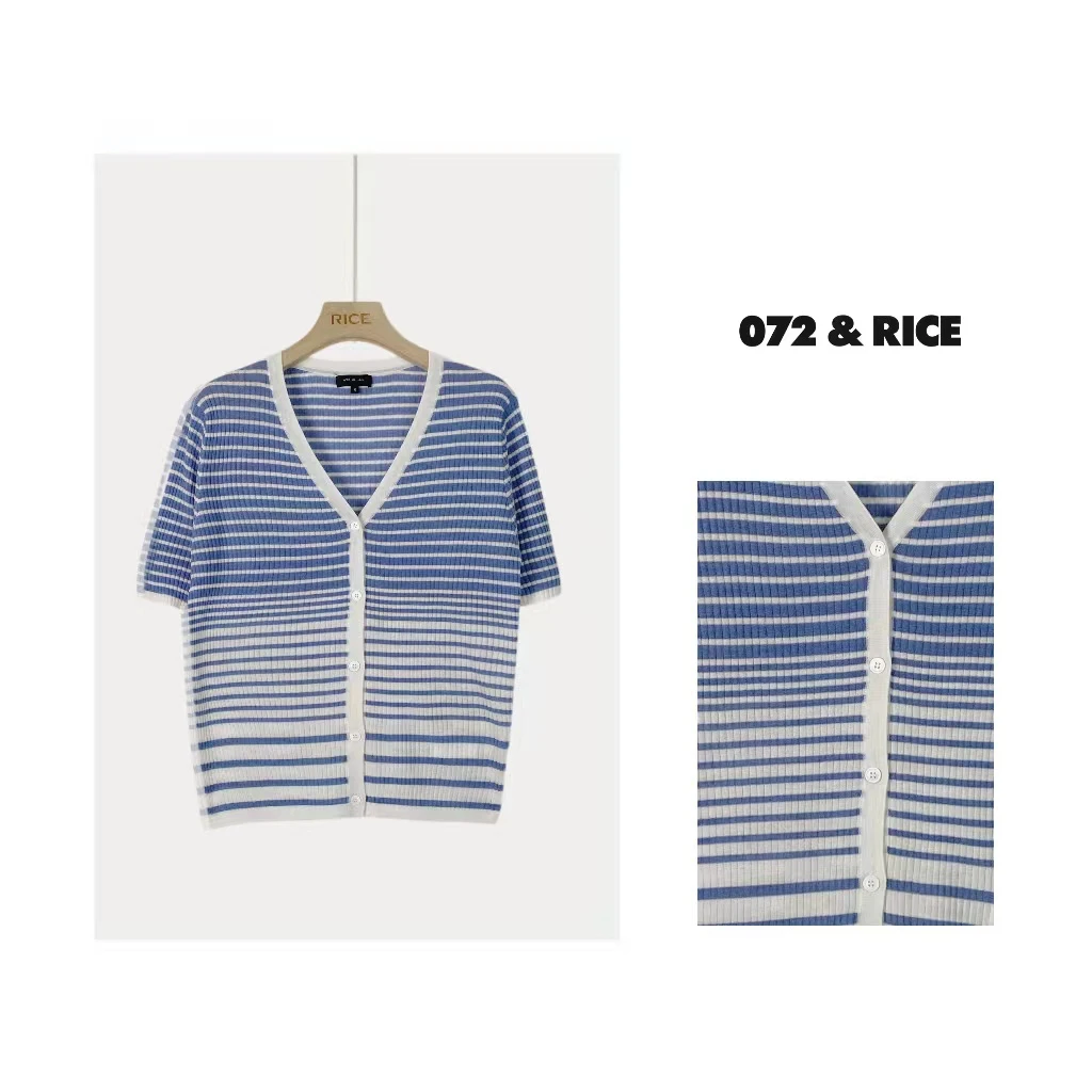 072 & RICE【海岸线】V领渐变感条纹短袖针织开衫 LE133 117FF