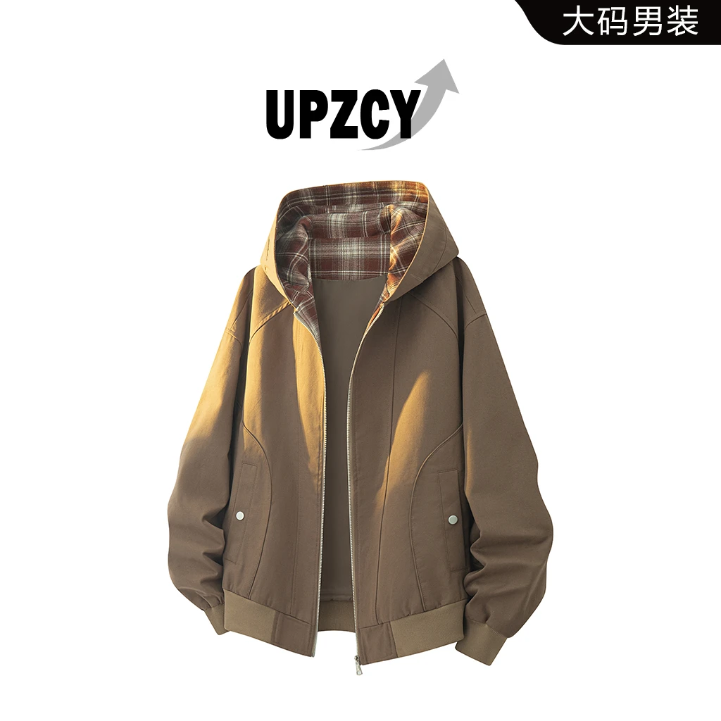 UPZCY秋季大码连帽格纹夹克男士宽松百搭休闲拼接上衣高级感外套
