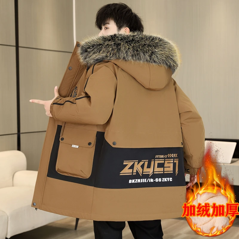 男生青少年中长款夹克风衣连帽潮流韩版学生加绒加厚派克服保暖