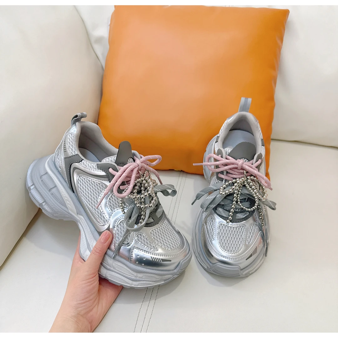 【新巴黎】减龄设计款彩色系带网面拼接厚底时尚老爹鞋A2901