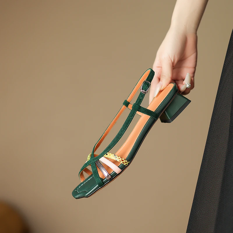 羊皮版真皮拼色时尚法式复古凉鞋女通勤软底软面粗跟低跟鱼嘴女鞋