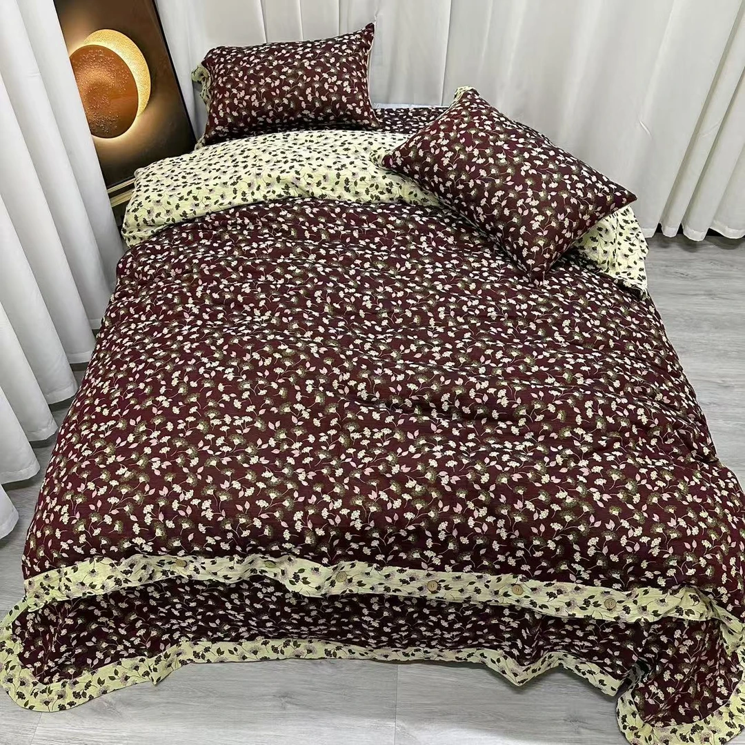 【标准四件套】繁华-酒红色纯棉双层纱
