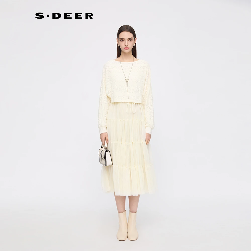 S·DEER圣迪奥女装25年新品镂空针织衫连衣裙减龄两件套S253Z1407