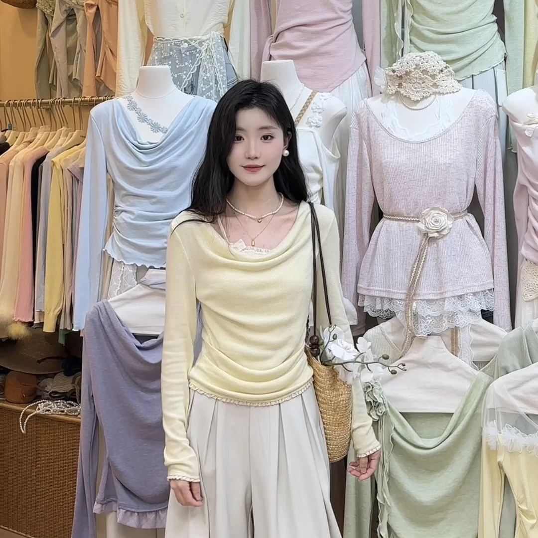 十三行女装春季新款心机韩系斜肩吊带软妹风假两件长袖小衫