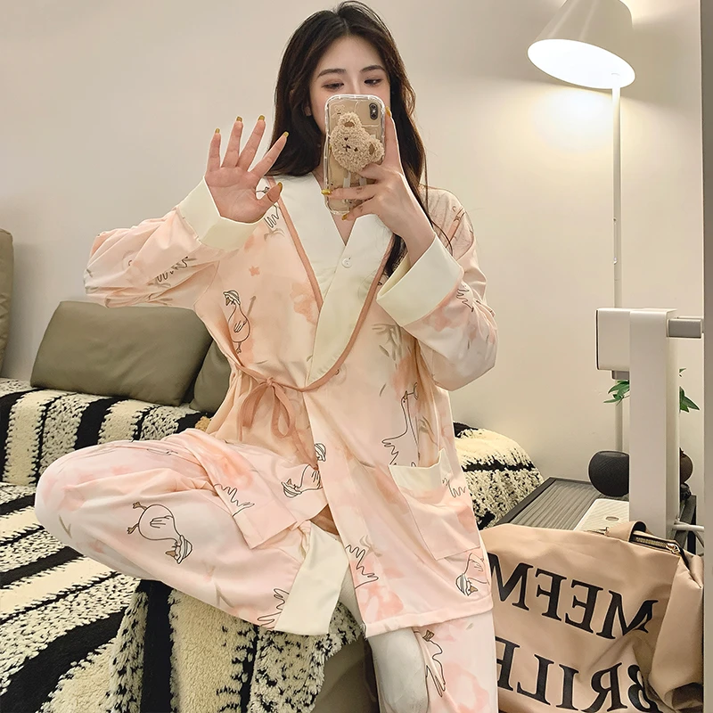 (带胸垫)纯棉月子服春秋季产后孕妇睡衣怀孕期产妇喂奶哺乳