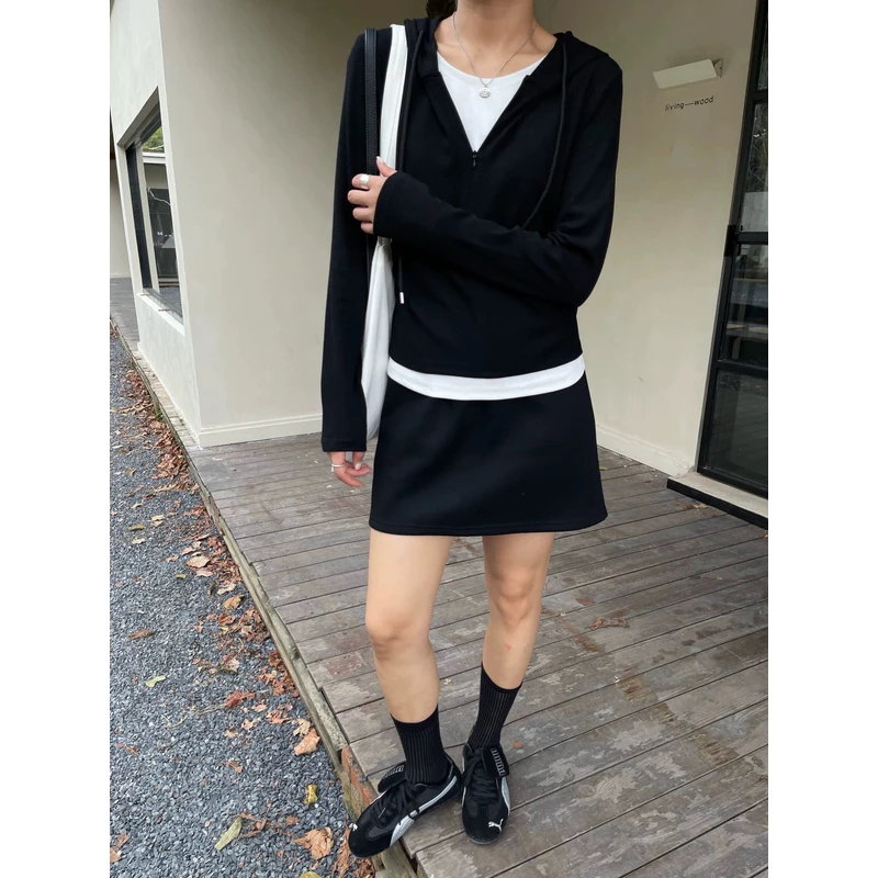 DD-9006女装连帽修身假两件短款常规休闲风春季