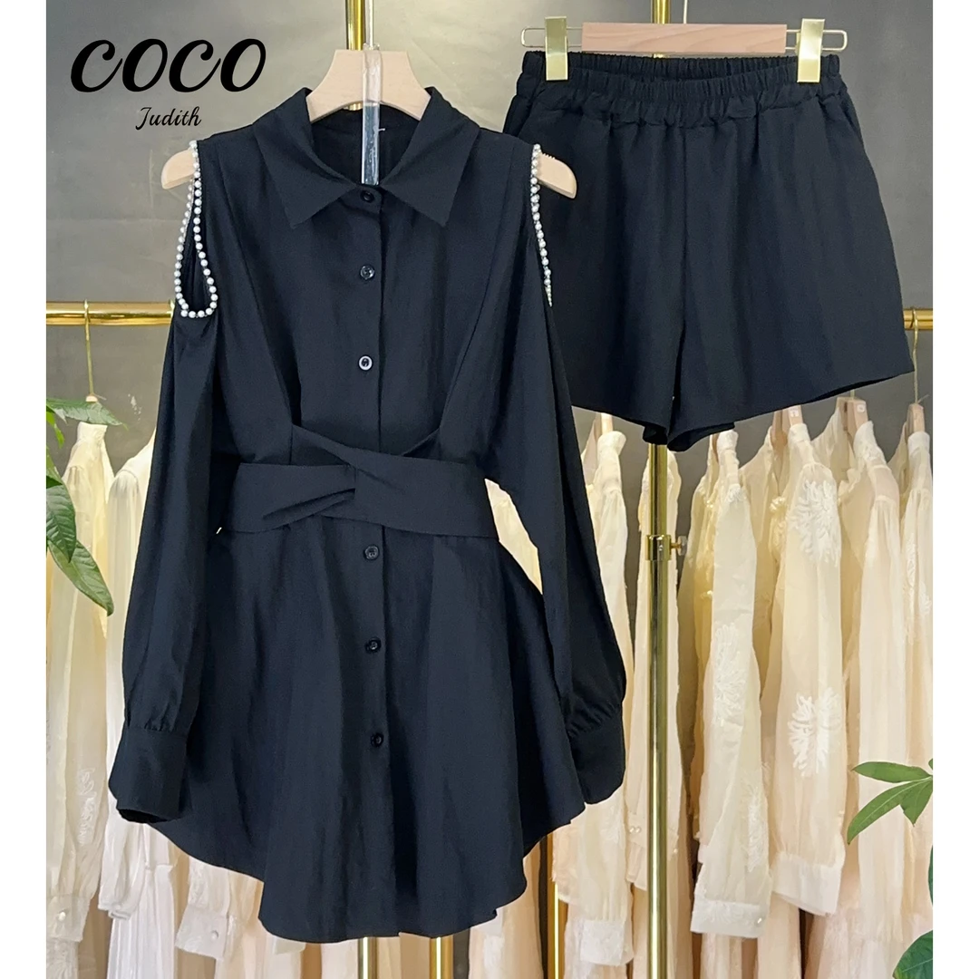 现货【RG225】2025新款显瘦气质时尚夏黑色收腰设计师拼接百搭套装