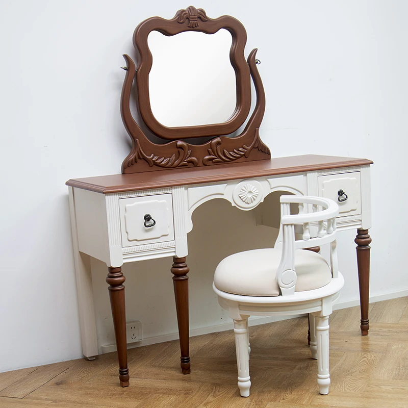 120x45x75梳妆台主卧室中古风设计师带妆镜储物法式复古梳妆台桌