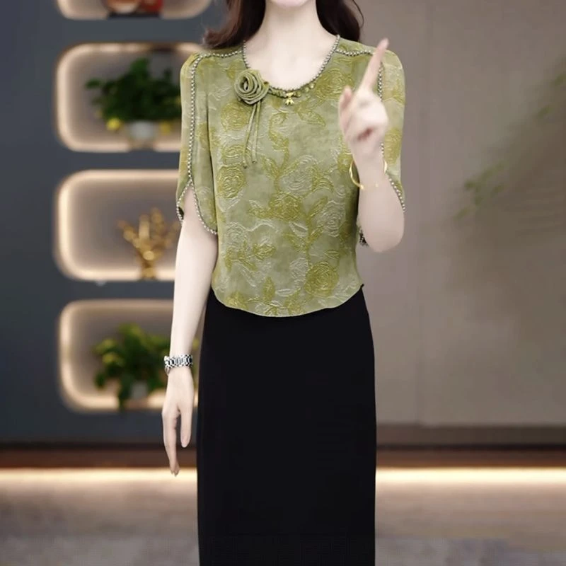 高级琉璃丝时尚洋气百搭碎花假两件礼服裙2025春夏新款显瘦连衣裙