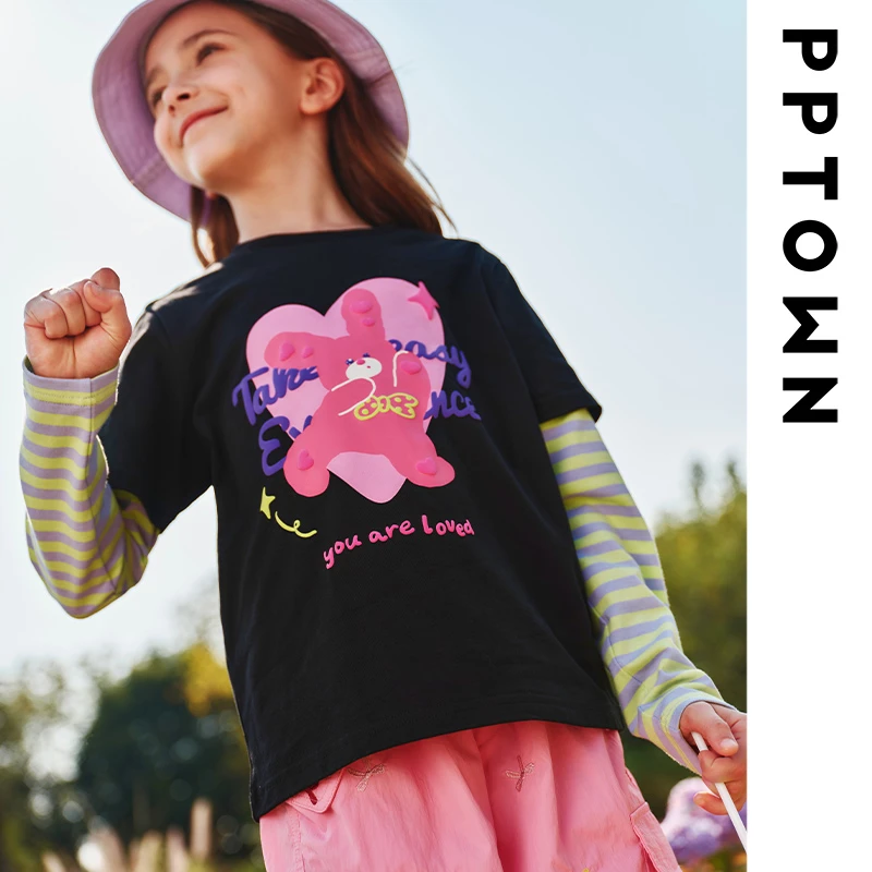 女童秋装假两件上衣新款长袖休闲宽松假两件T恤女童潮牌童装13272