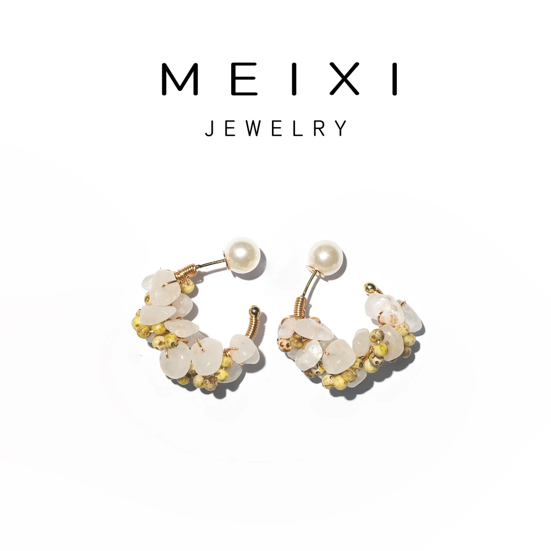 美汐 非金属布艺耳饰 白晶晶耳圈款耳钉原创手作小众不撞款H13