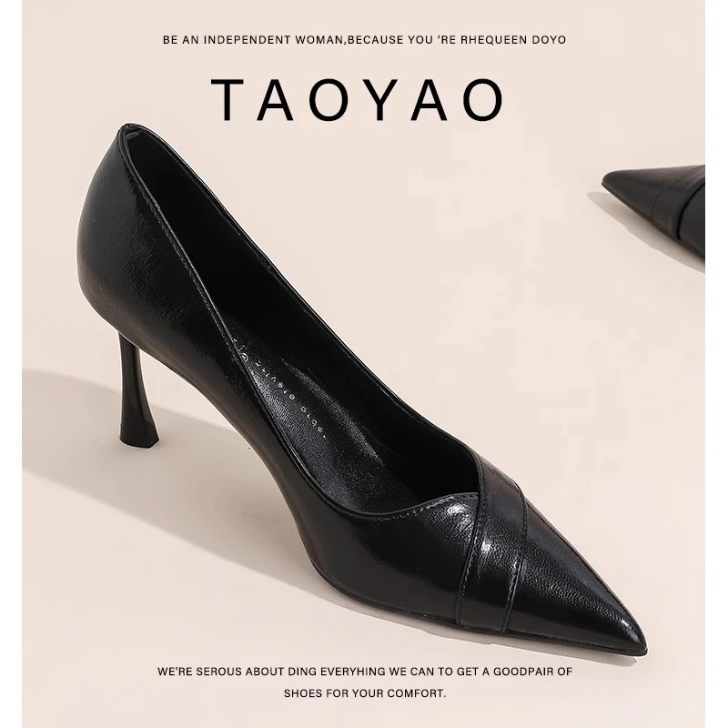 真皮黑色尖头高跟鞋女2025春新款气质浅口通勤工作鞋职业细跟单鞋