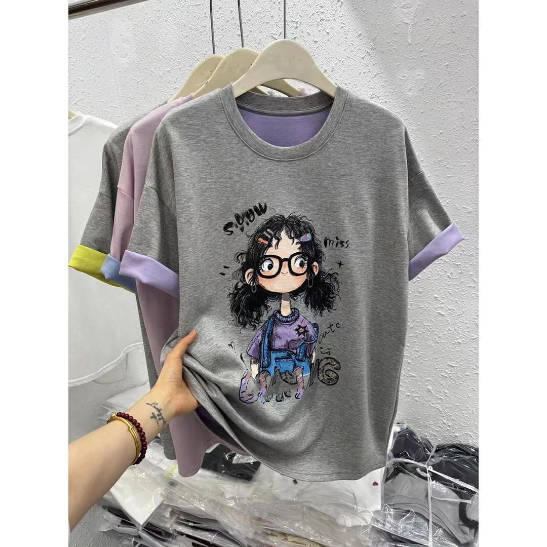 欧货字母卡通女孩印花T恤女2025夏季新款减龄百搭上衣半袖T打底衫