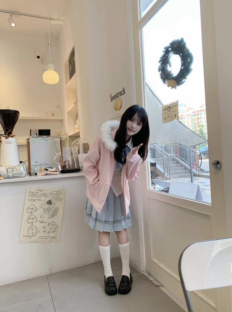 lulu秋冬连帽开衫卫衣jk宽松日系学院风可拆卸毛领百搭多色外套女