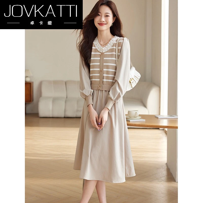 气质时尚条纹拼接针织连衣裙女秋季2025新款设计感收腰显瘦裙子