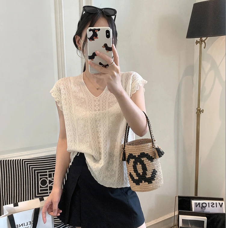 【大码】2101胖MM高级感蕾丝钩花冰丝针织衫夏季新款洋气减龄上衣女