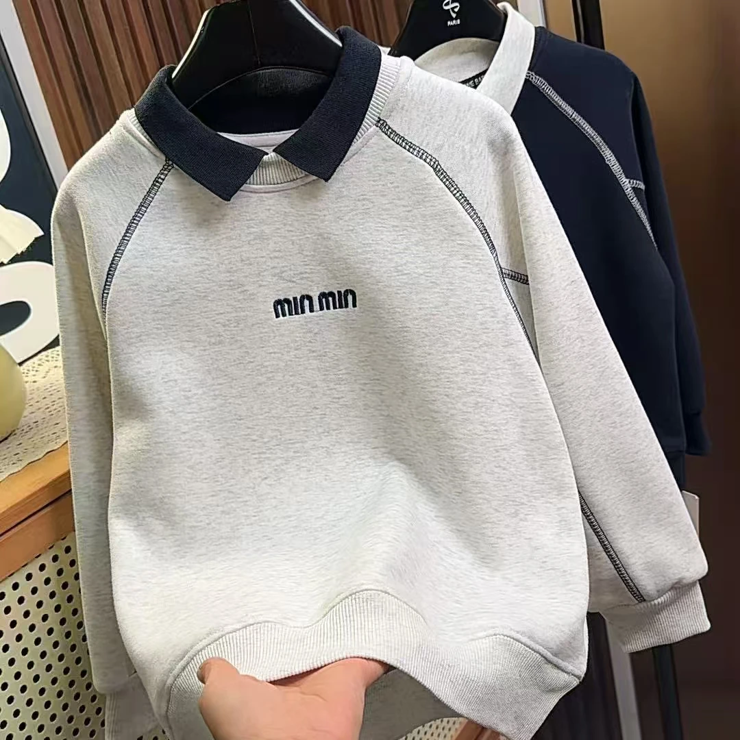 【现货~清！清！清！】加绒洋气百搭中大童新款字母翻领polo卫衣00380