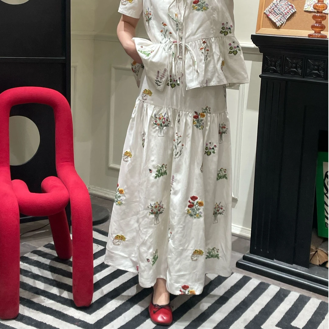 亚麻花朵刺绣夏季薄款气质高级感高腰显瘦百搭休闲全松紧腰长裙