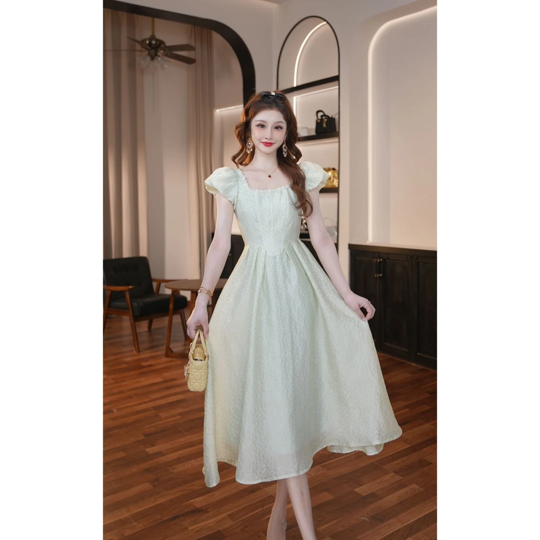 【晚晚定制】蜻蜓绿初恋设计感优雅法式方领短袖中长裙连衣裙45179