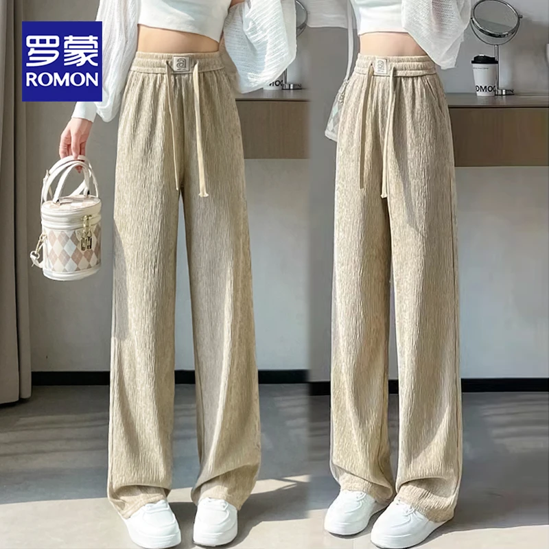 罗蒙女装窄版冰丝阔腿裤女2025夏季薄款宽松bf慵懒风垂感拖地裤