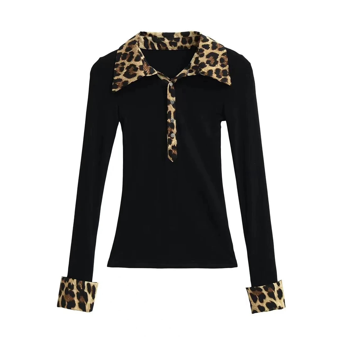 【Glozzzz】2025春款辣妹风豹纹拼接翻领长袖上衣T恤L T300