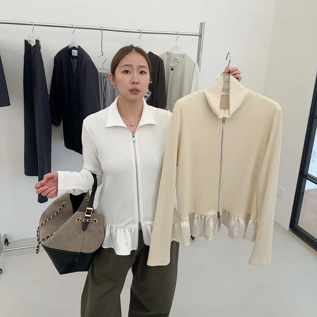 widelia陈魅儿2025秋冬新款 缎面木耳边立领双拉链针织开衫808225