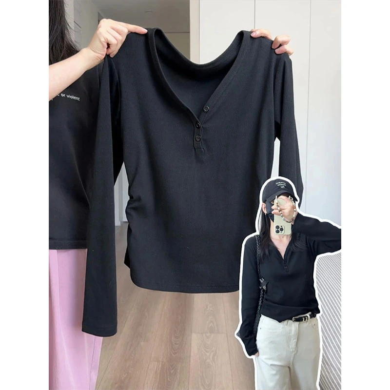 大码200斤休闲V领排扣正肩长袖t恤女褶皱收腰显瘦打底减龄上衣ins