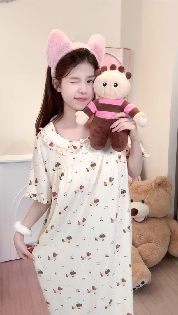 韩系ins原创翻领樱桃狗甜美风卡通睡裙夏季新款家居服可外穿