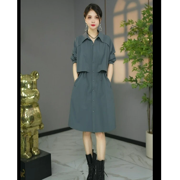 原创设计师款高货欧版洋气春款衬衣领宽松显瘦风衣款连衣裙