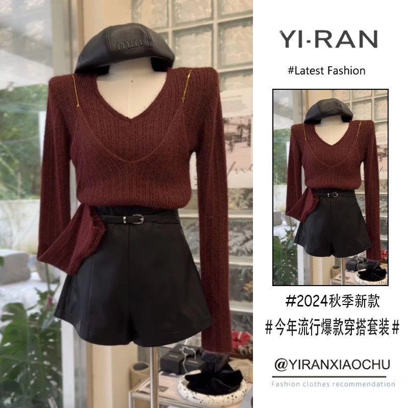 今年流行安可拉红穿搭套装2025新款假两件针织上衣百搭短裤两件套
