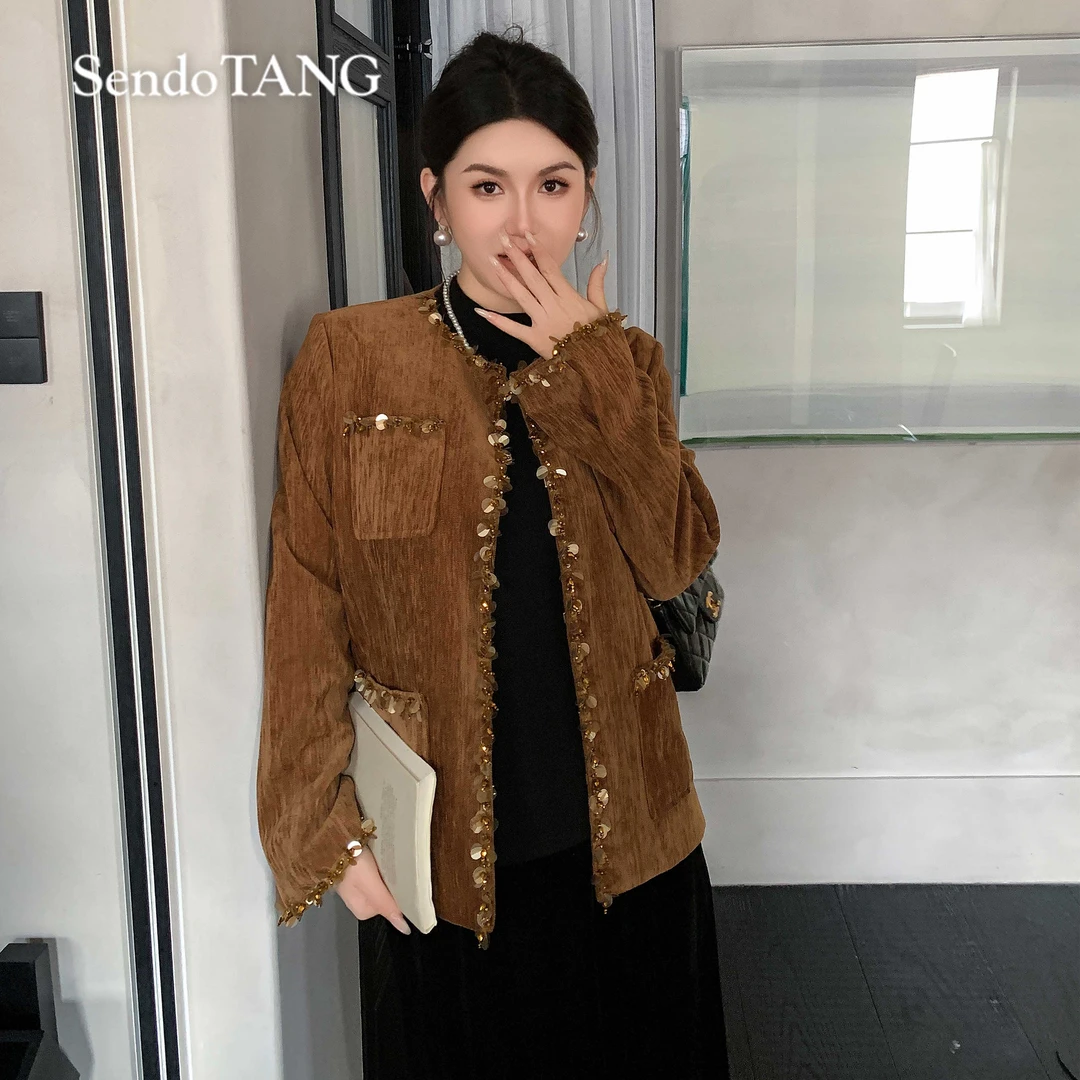 棕色小香风外套新款遮肉高级感百搭气质【金丝玉】大码女装