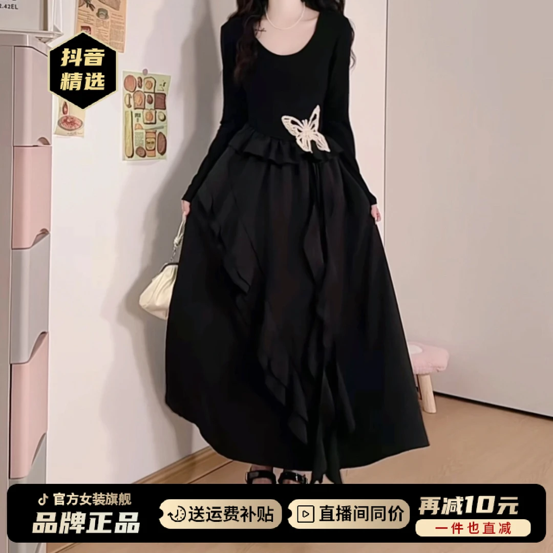 赫本风气质黑色长袖连衣裙子女2025早秋新款小个子不规则收腰长裙
