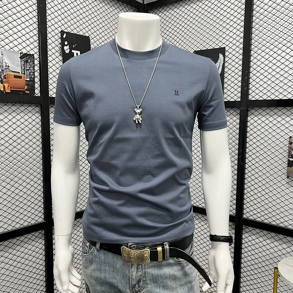 夏季潮流纯色圆领男士短袖t恤修身小B字休闲百搭时尚半袖体恤上衣