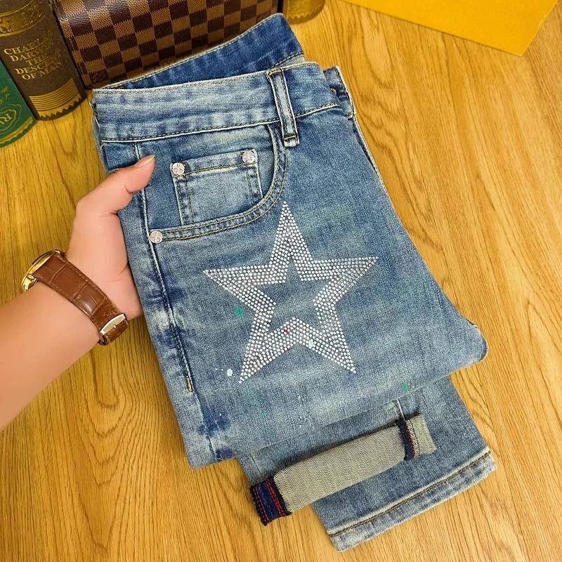 法国Cebrodz2025新款星星烫钻牛仔裤男士春季薄款潮牌欧货弹力男