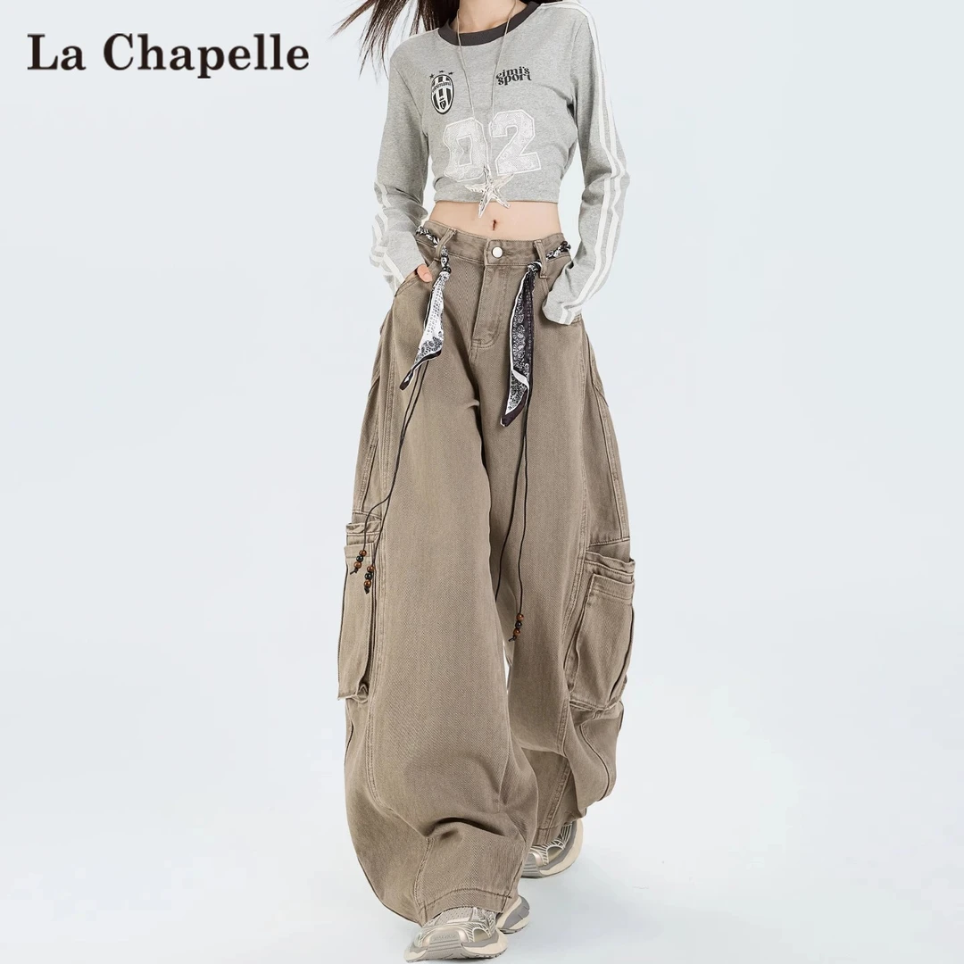 拉夏贝尔美式高街工装弯刀裤女2025新款秋季小个子宽松阔腿牛仔裤