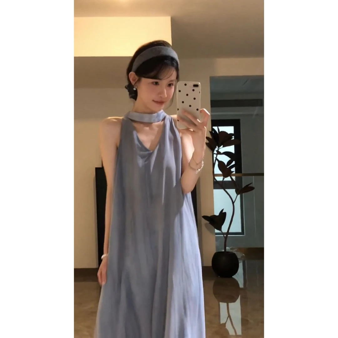 法式高级不撞款薄纱挂脖吊带连衣裙女夏季设计感度假出游背心长裙