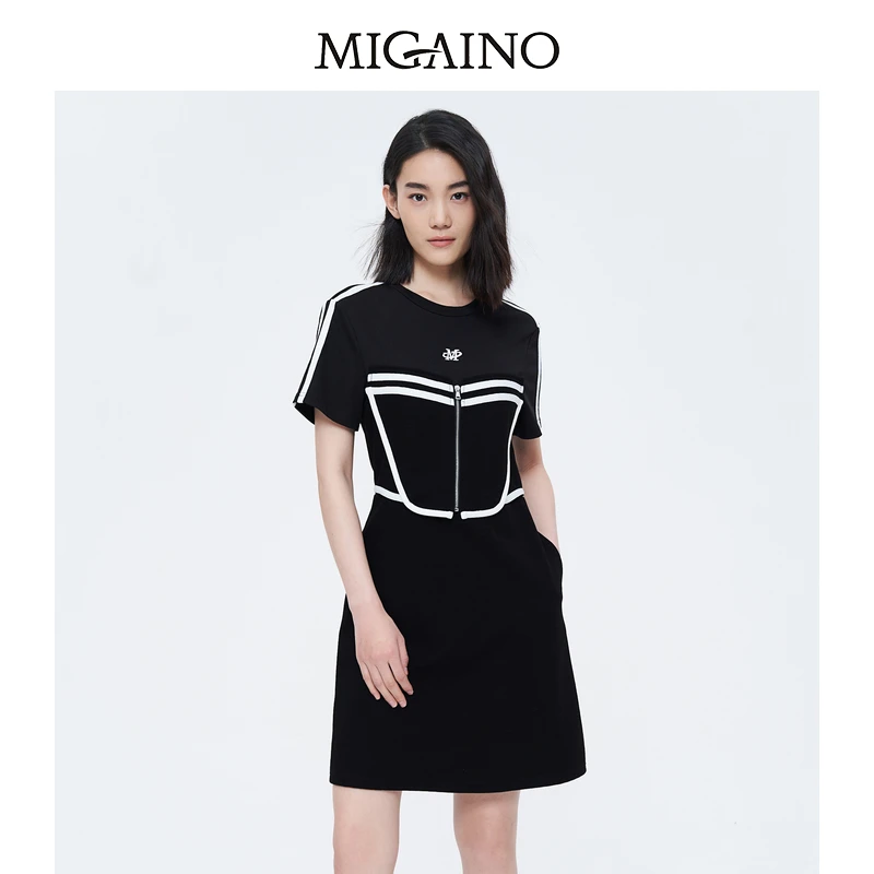 Migaino曼娅奴连衣裙夏短袖时尚设计感拉链高腰短裙MN22DA043