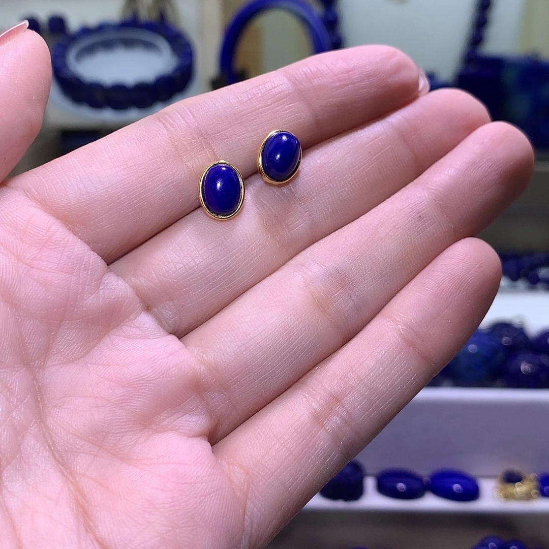 青金石合金天然原矿耳钉