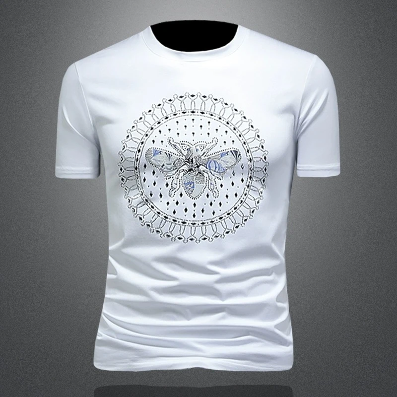 欧洲站轻奢烫钻刺绣短袖T恤半袖潮流男士夏季新款欧货丝光棉体恤