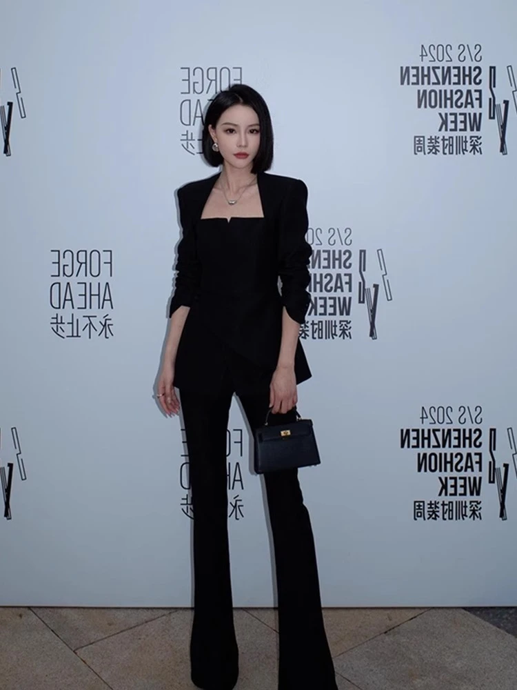 2025秋季气场强大女装又酷又飒轻奢高级感气质名媛黑色西装套装裤