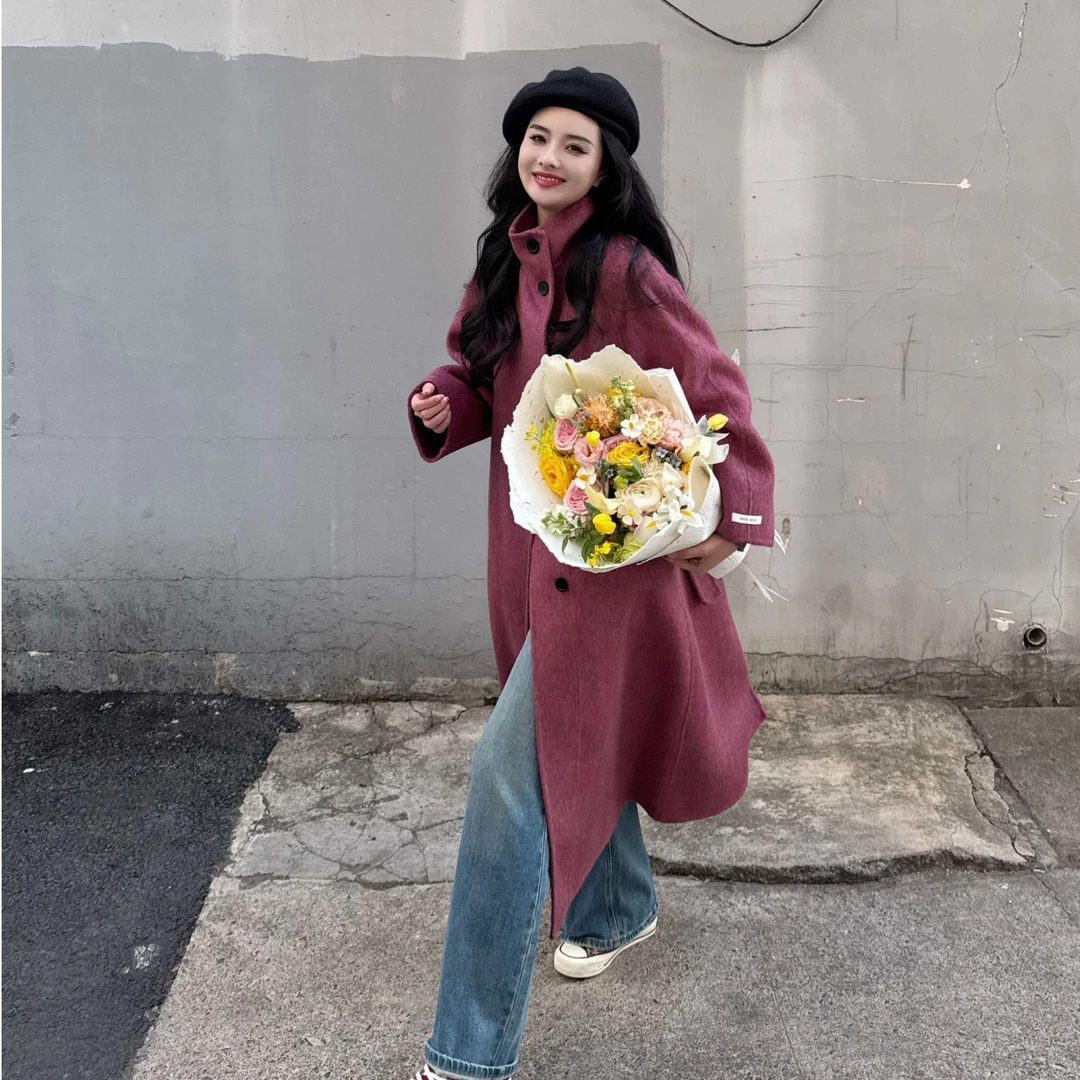 【天生女主】冬季新款高端气质立领长款双面羊毛大衣外套