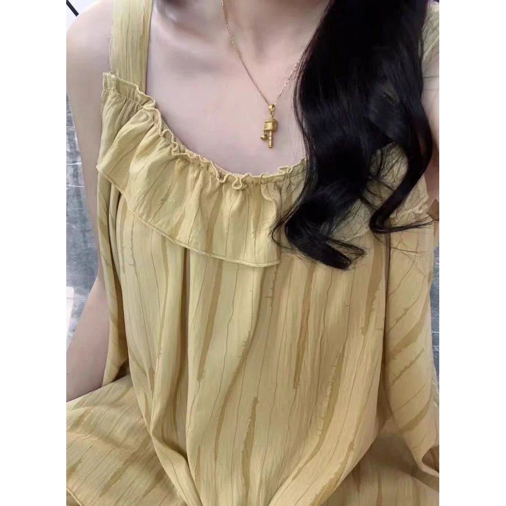 38-夏季女士黄棕条纹带胸垫吊带