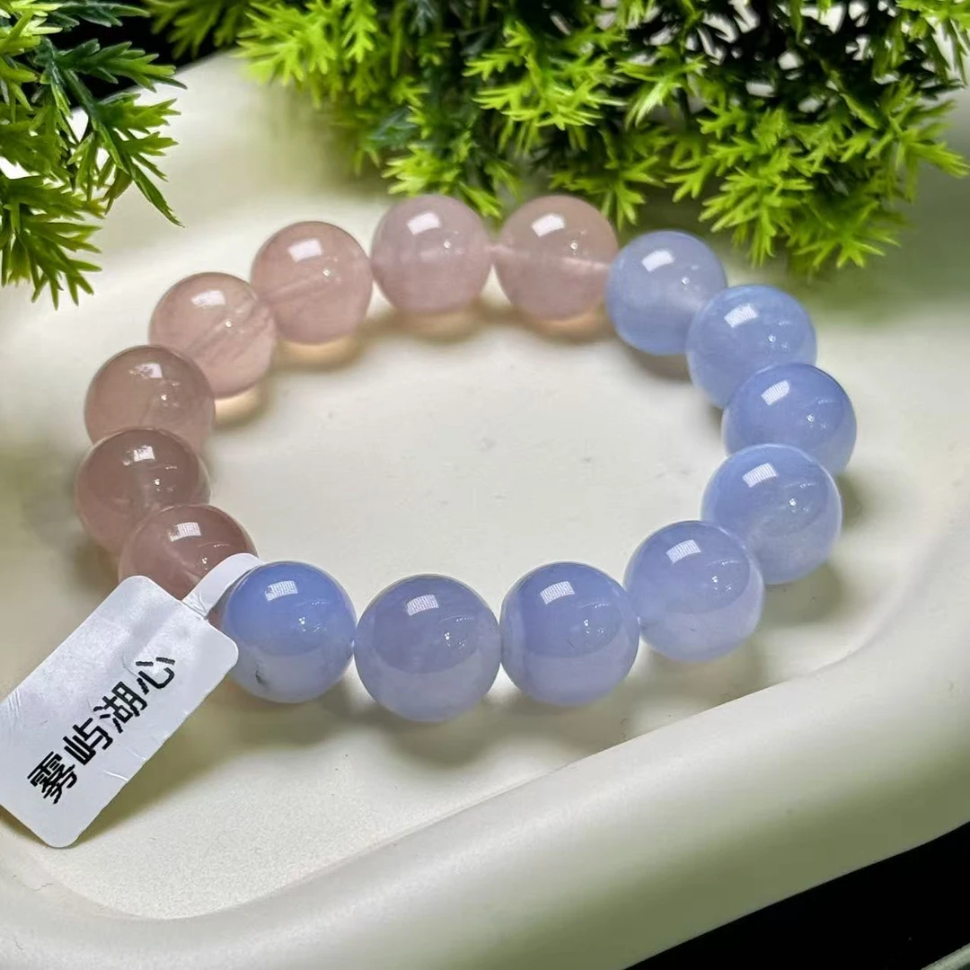 [雾屿湖心]天然粉水晶和蓝纹石素圈民族风女款手串粉蓝色