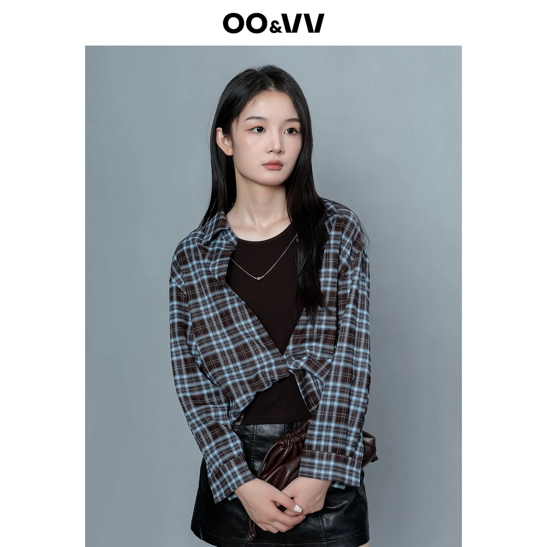 OO&VV复古撞色格子磨毛衬衫+圆领内搭女士上衣两件套2025秋季新款